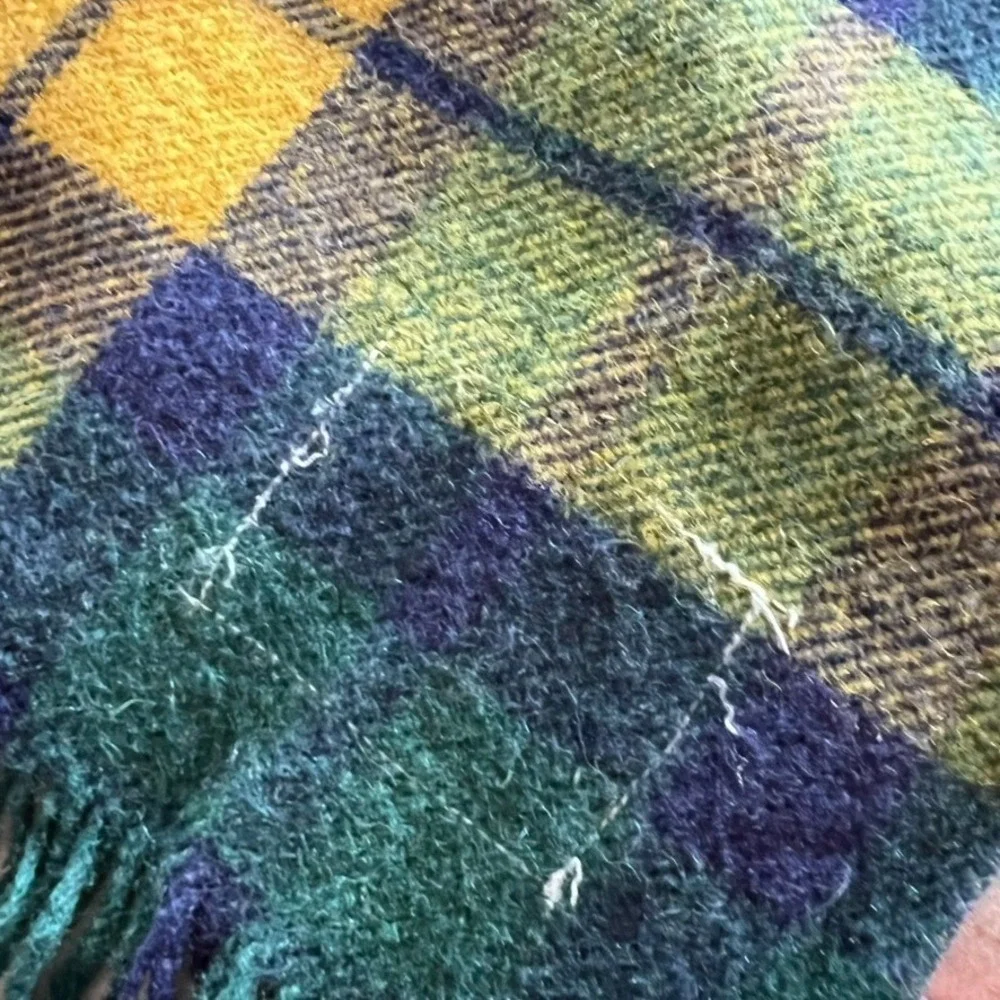 Vintage Tartan‎ Plaid Wool Blanket Throw Fringe Red Green Yellow Blue Cozy 47x50
